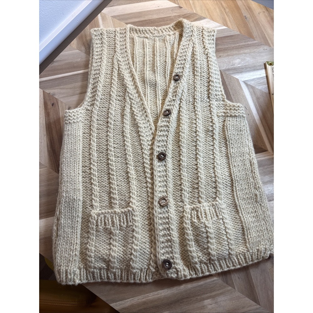 Vintage Cream HandKnit Open Wool SweaterVest Cardigan Cableknit Fisherman Chunky